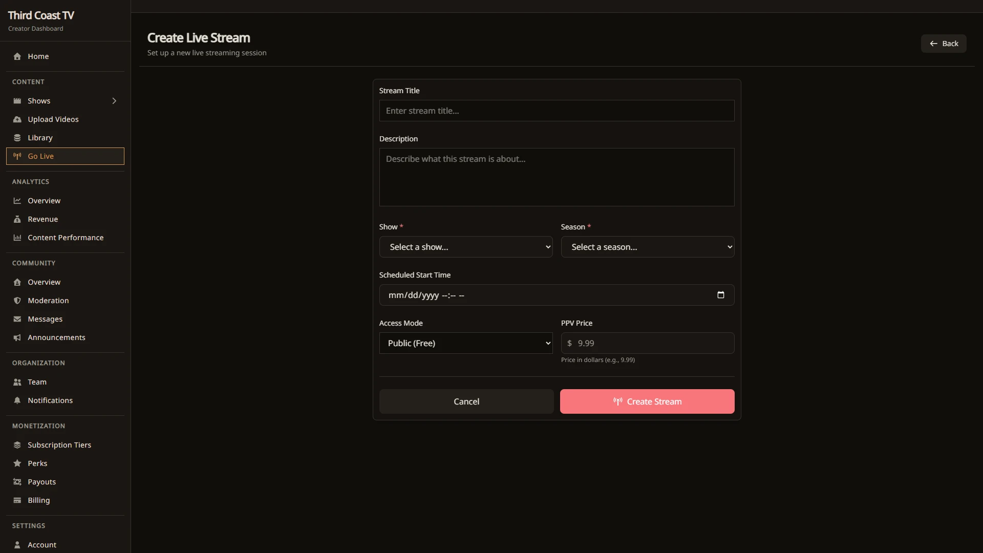 Setting up a live stream
