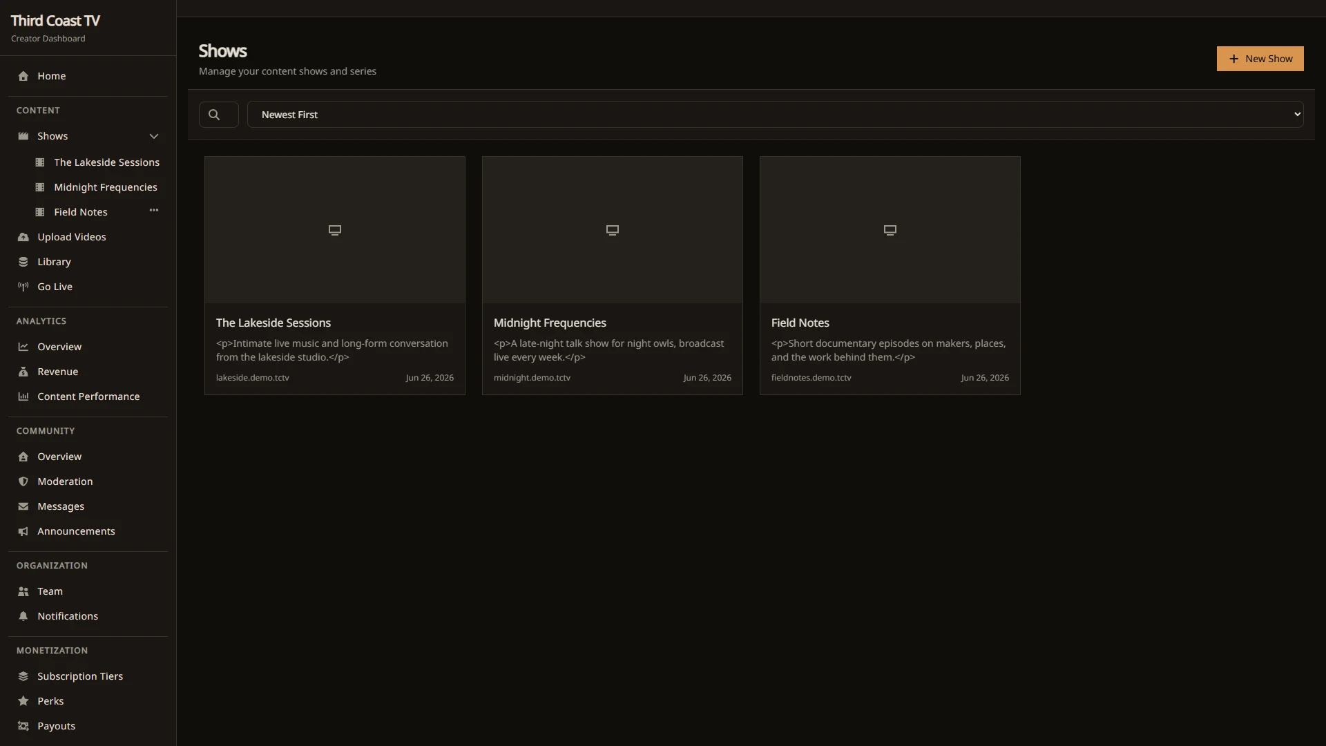 Your shows in the dashboard