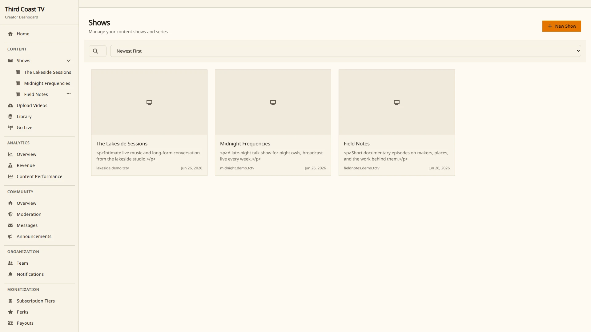 Your shows in the dashboard