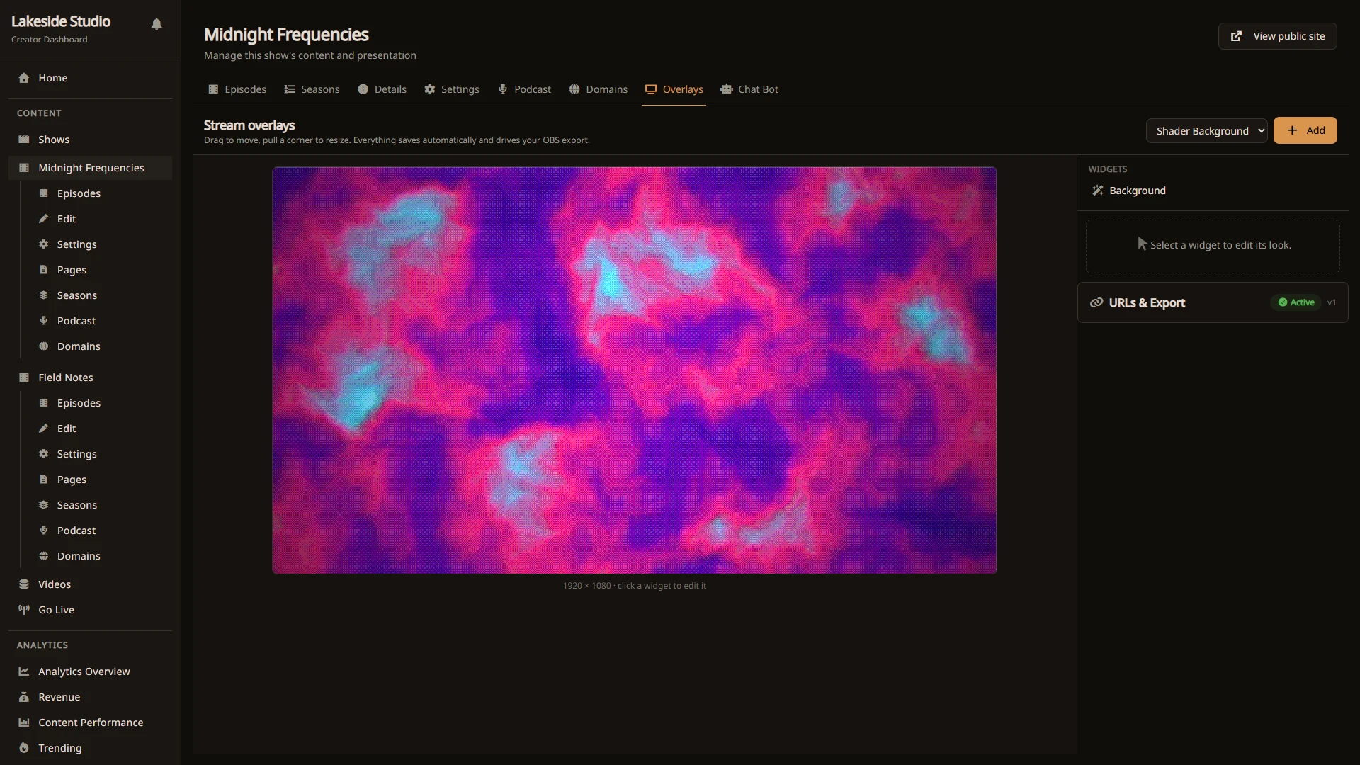The overlay editor with a shader background on the stage