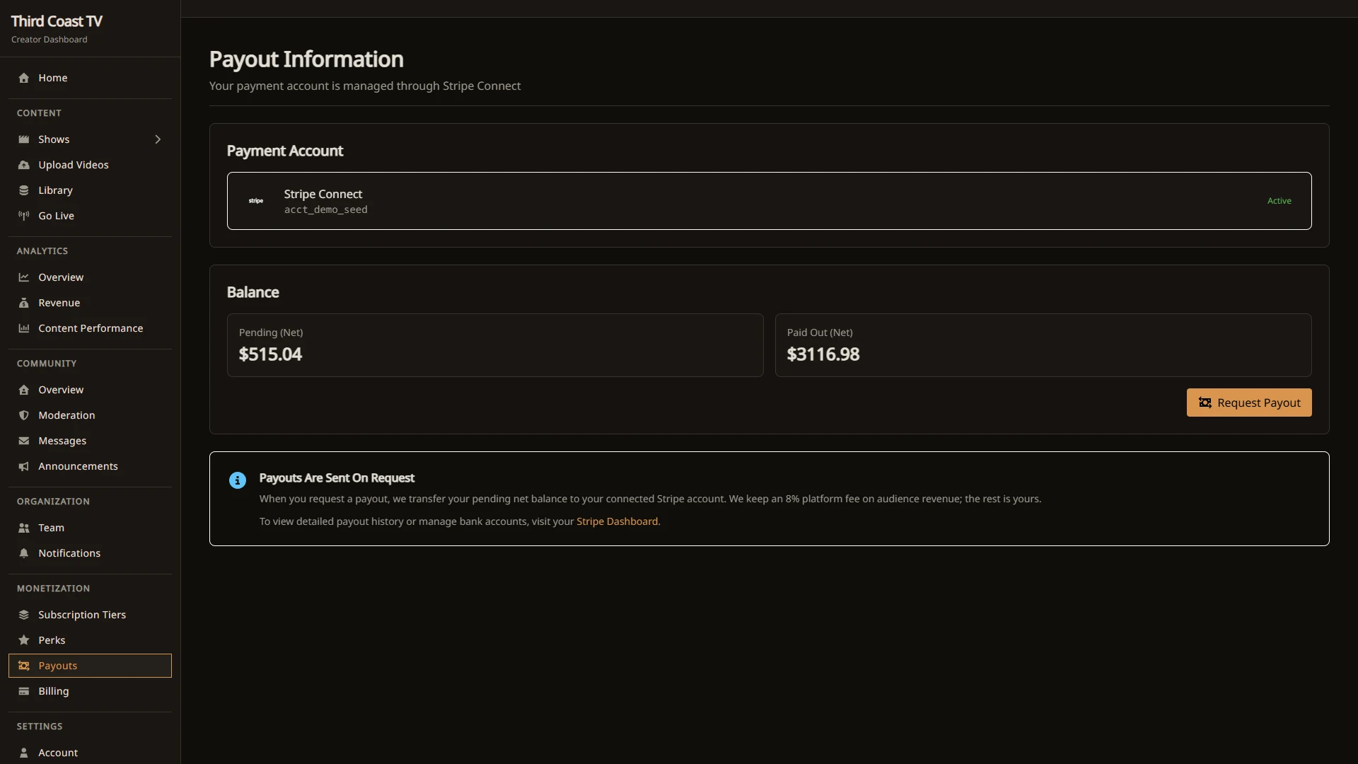 The payouts page