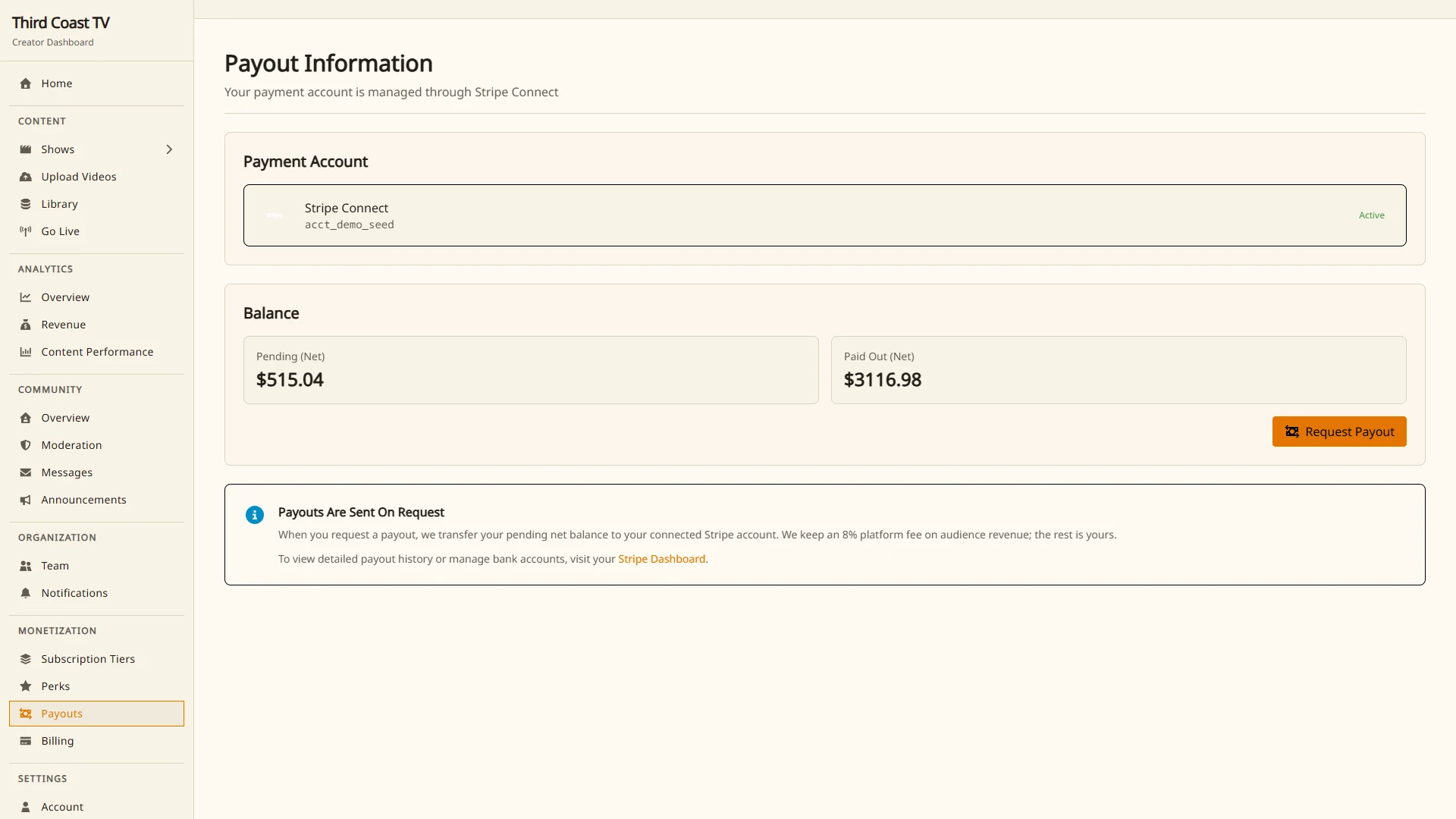The payouts page