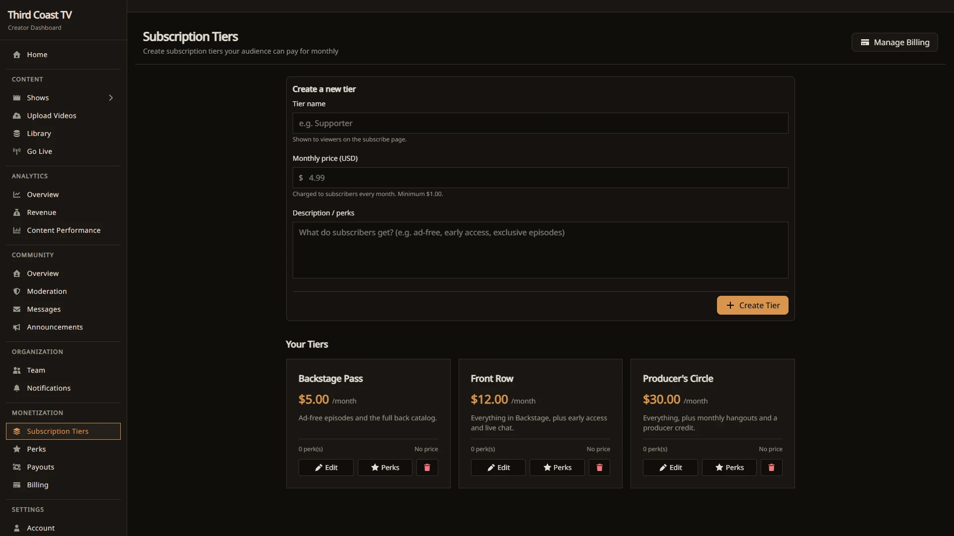 Subscription tiers in the dashboard
