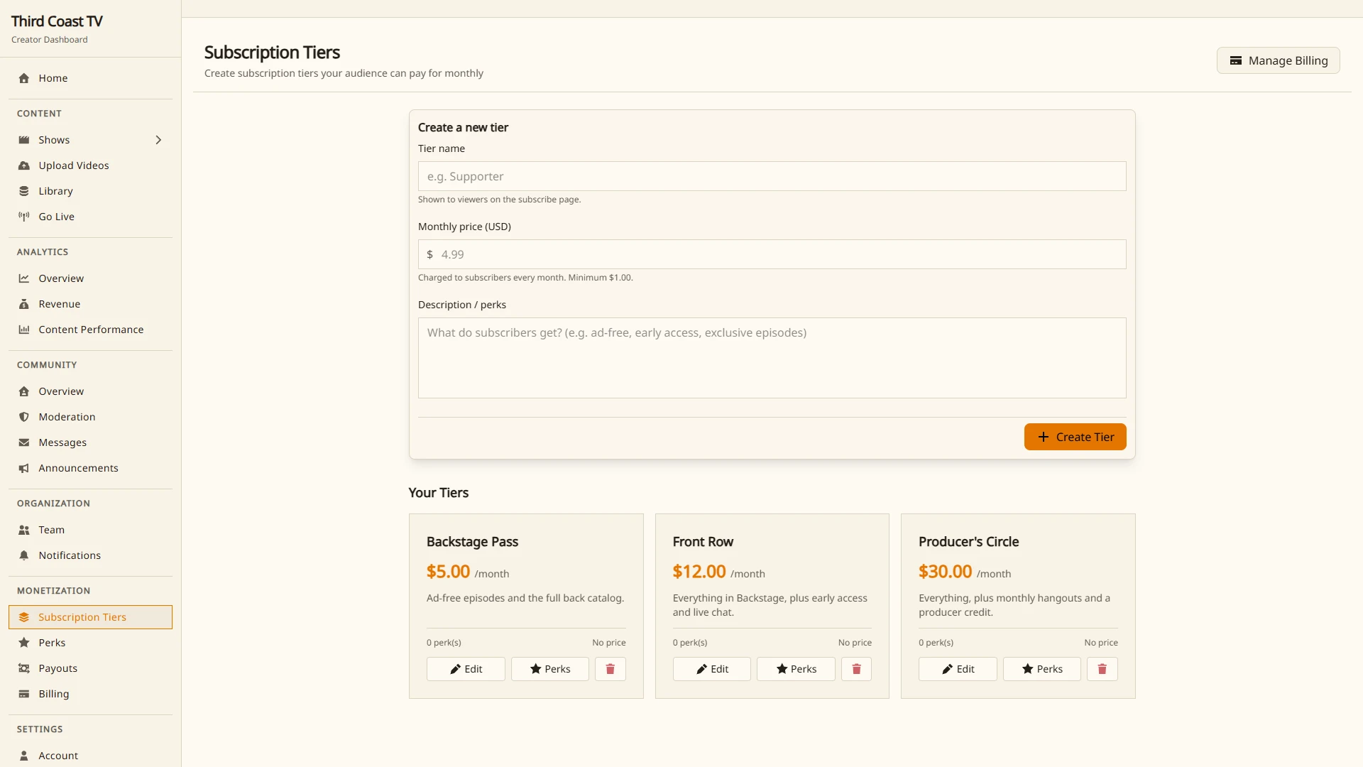 Subscription tiers in the dashboard