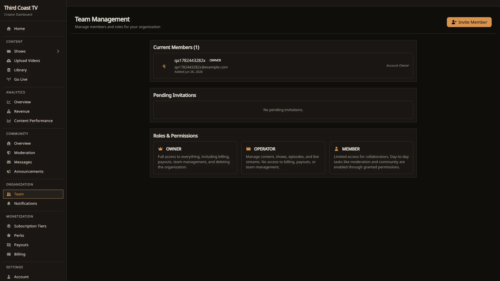 The team management page