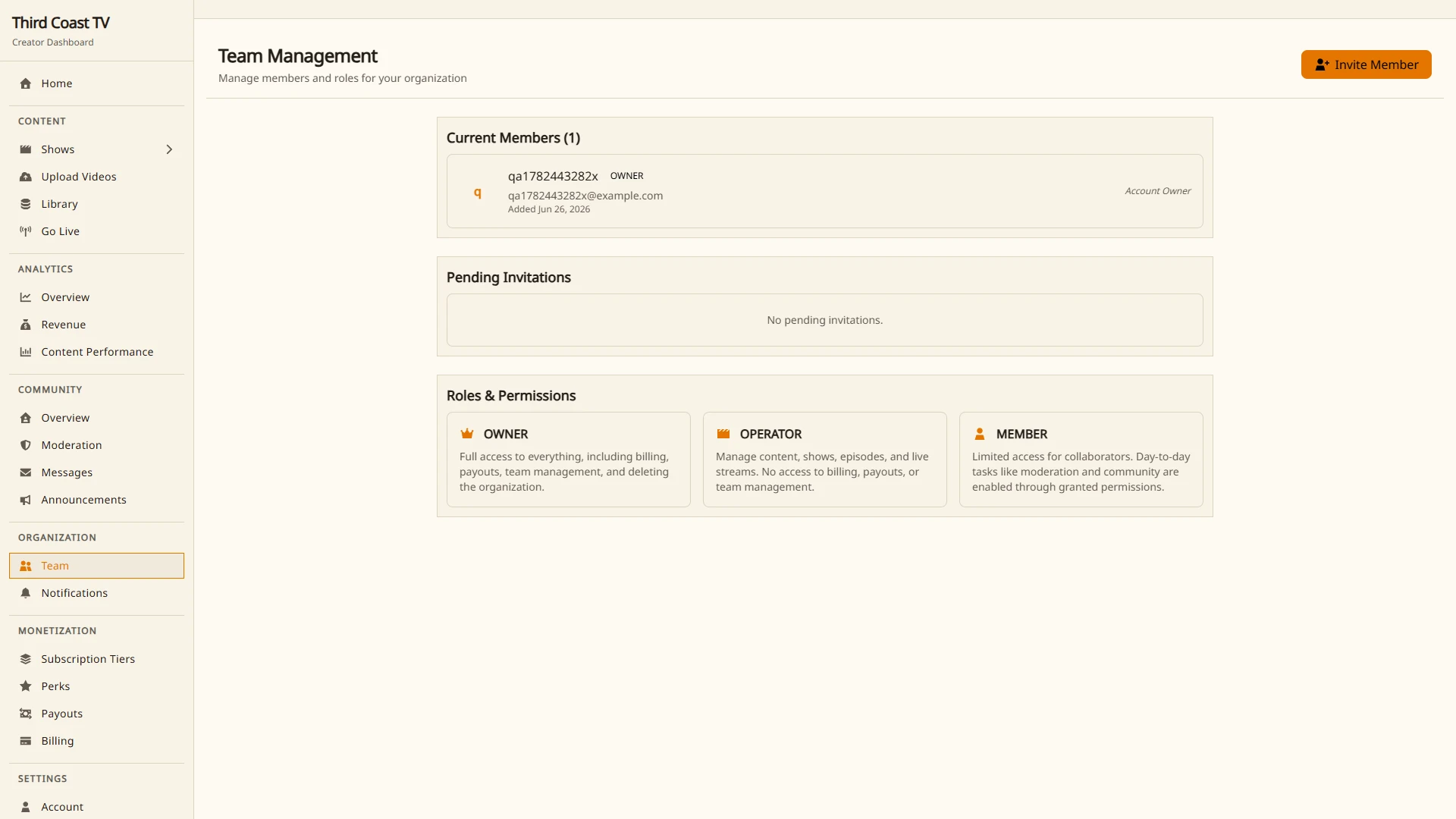 The team management page