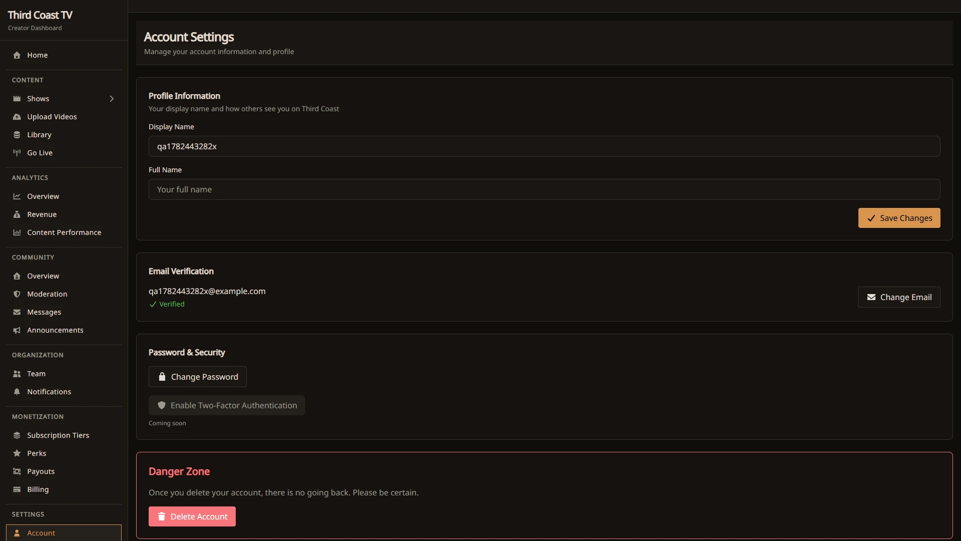 The account settings page