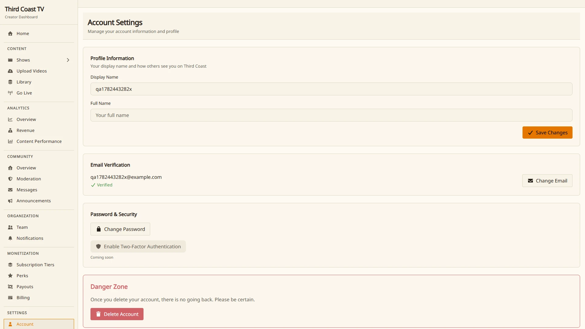The account settings page