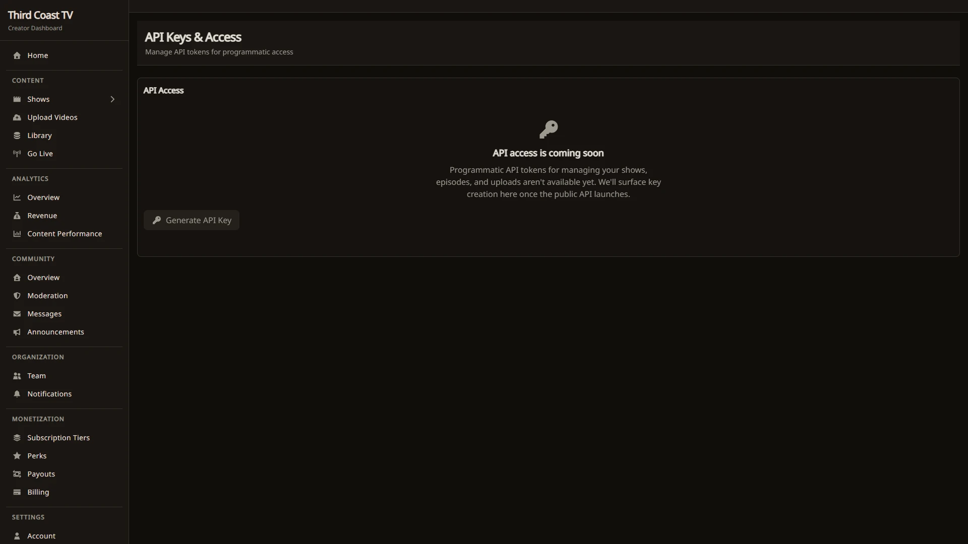 The API Keys settings page