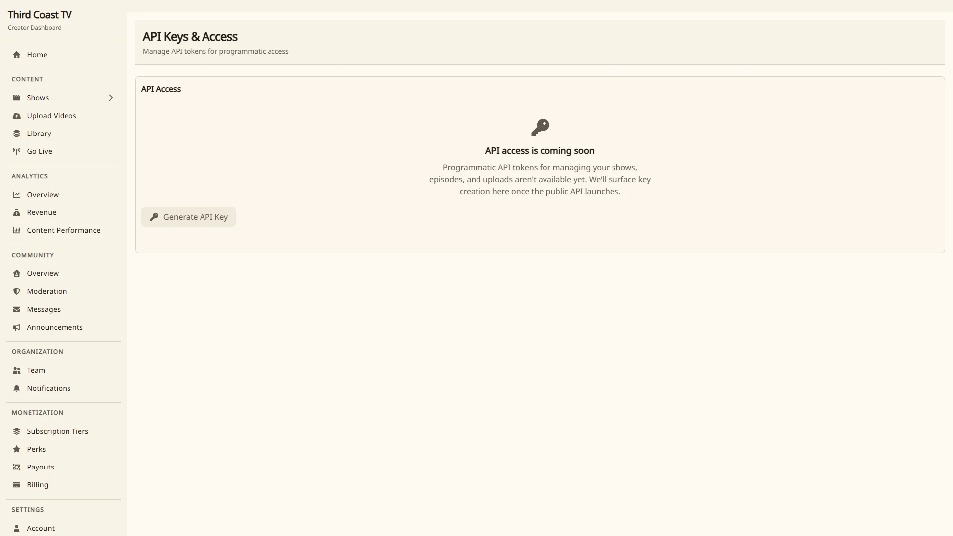 The API Keys settings page