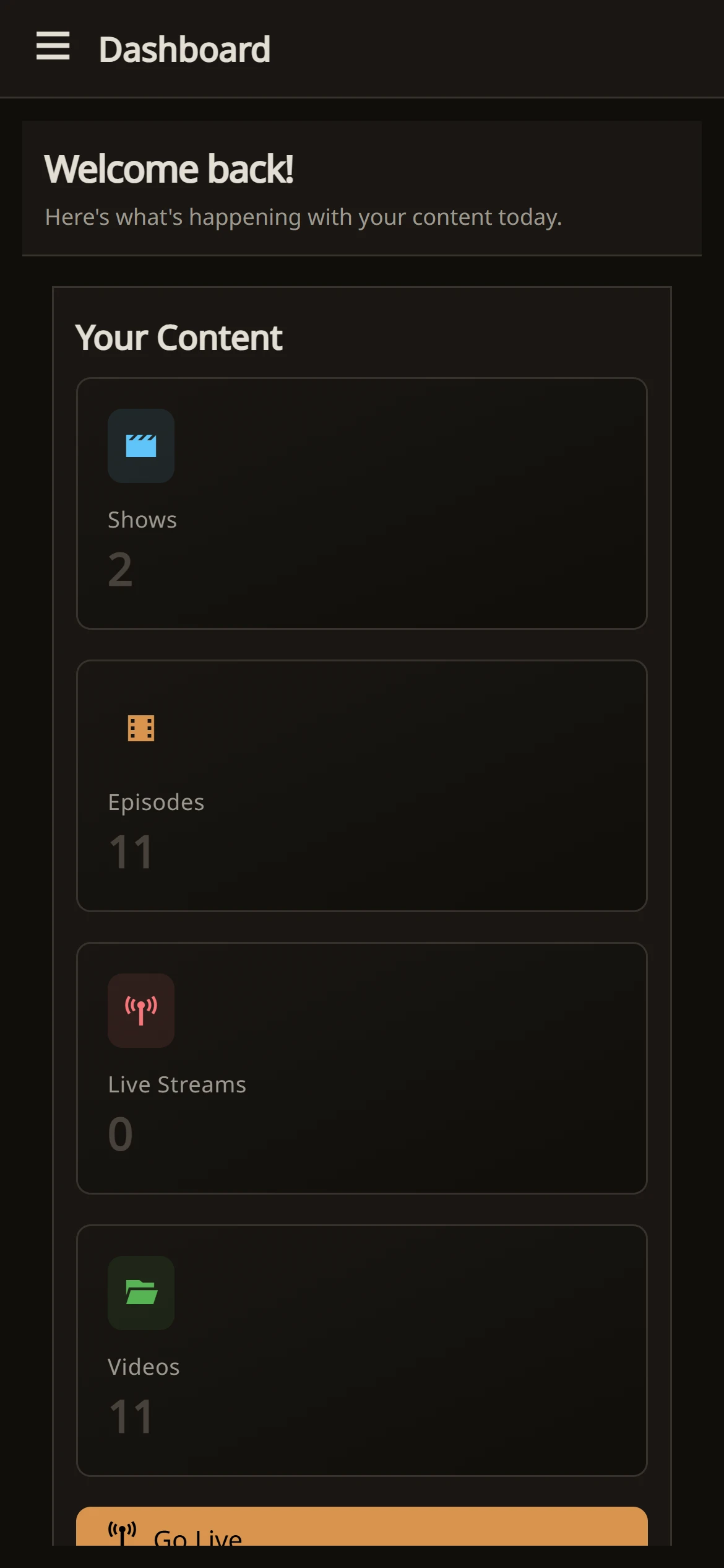 Creator dashboard on mobile