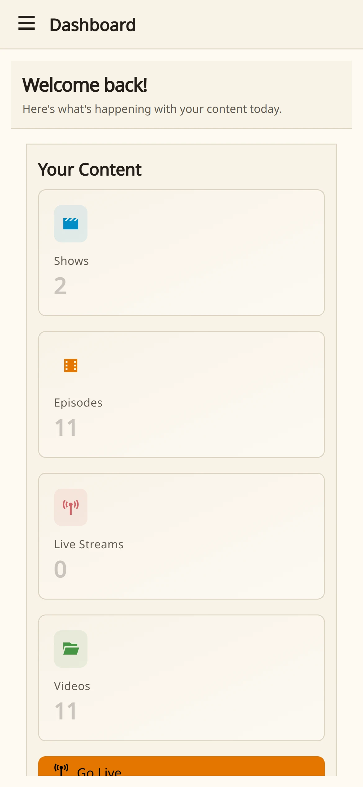 Creator dashboard on mobile