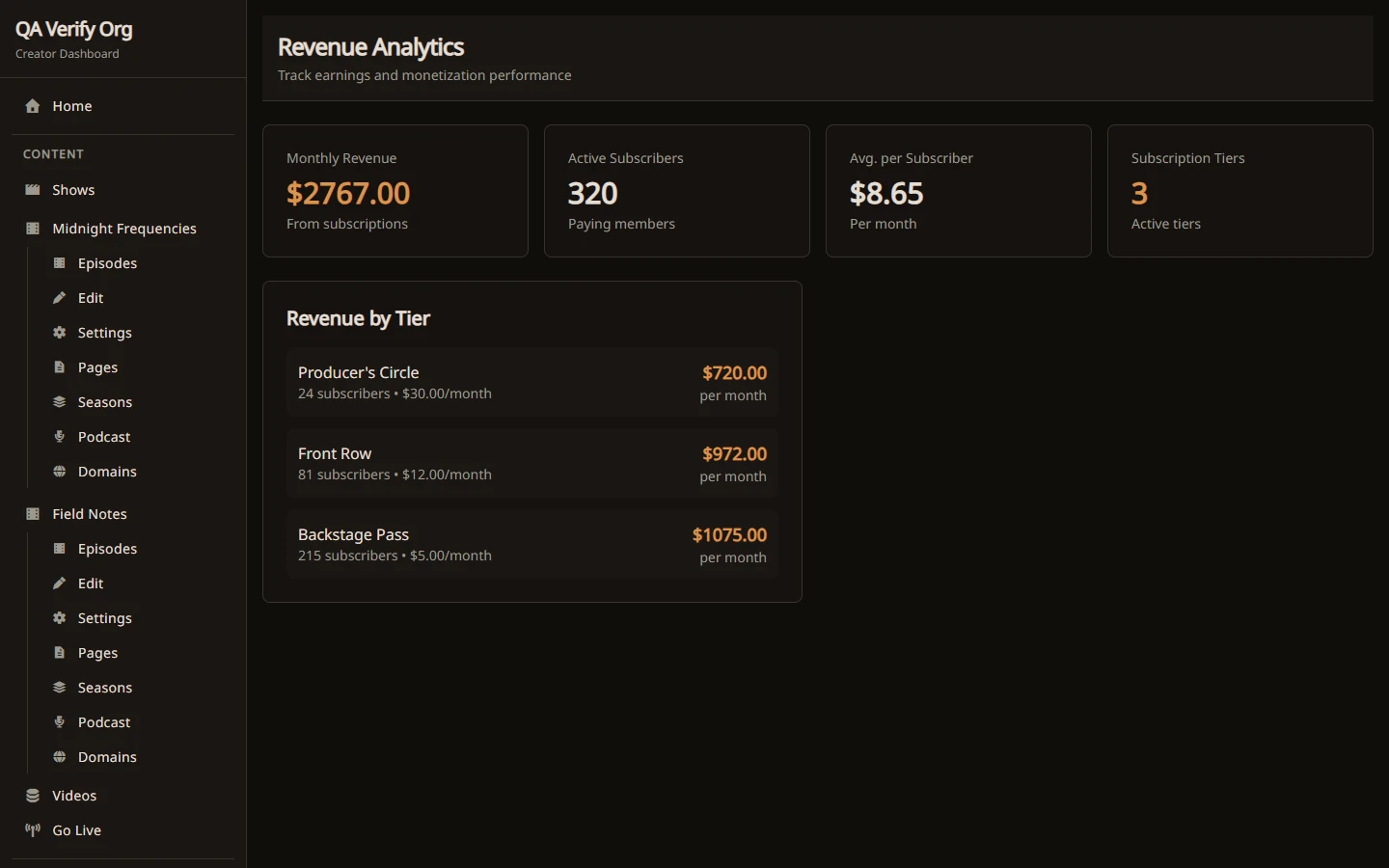 Revenue analytics page